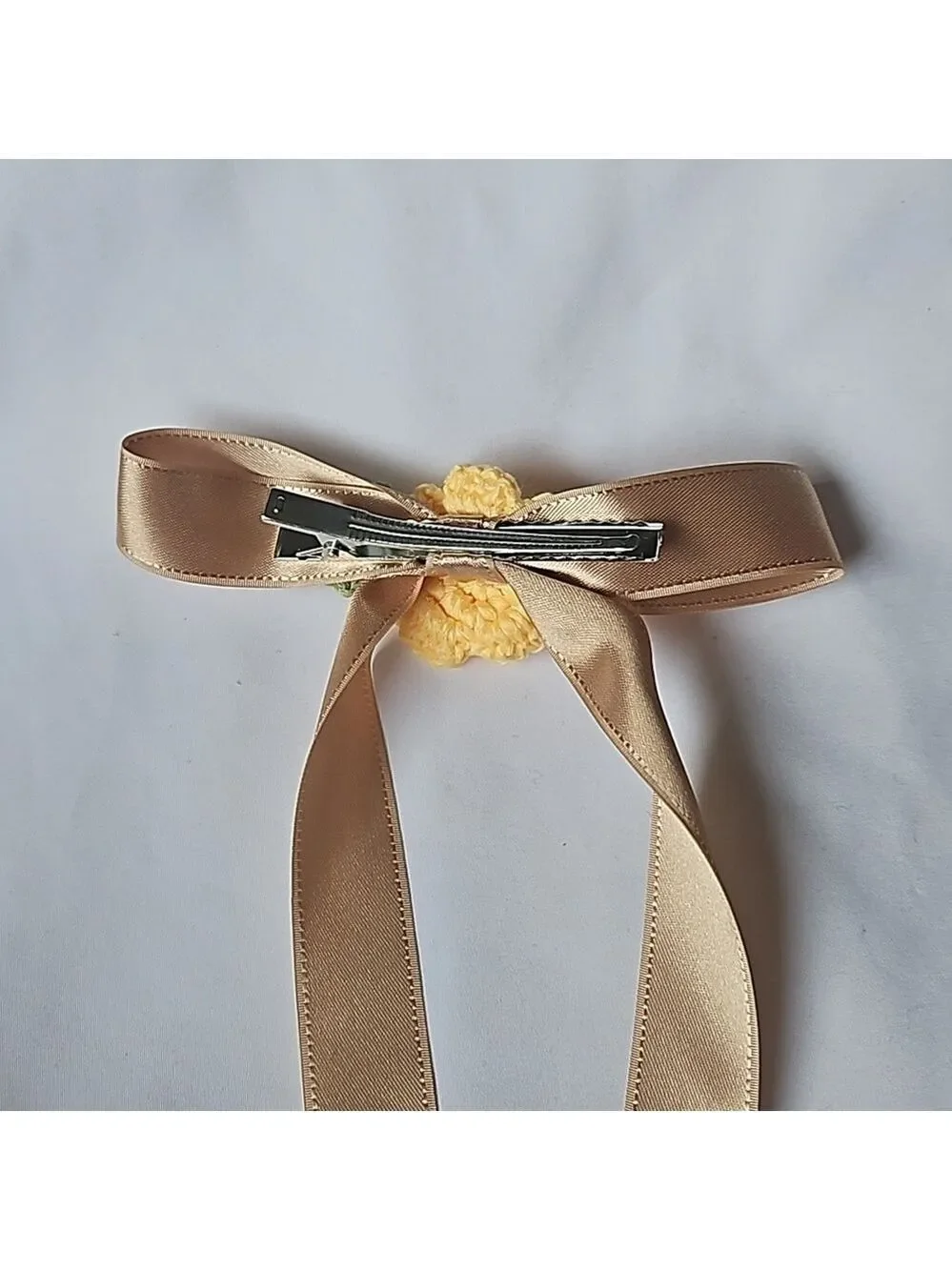 Gold Bow Hair Clip Yellow Crochet Rose Handmade